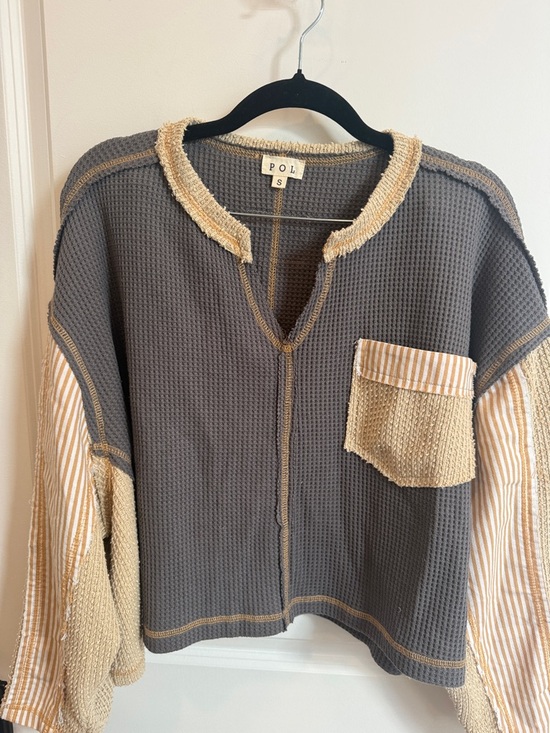 POL Sweaters - POL Patchwork Waffle-Knit Pullover - Gray & Cream